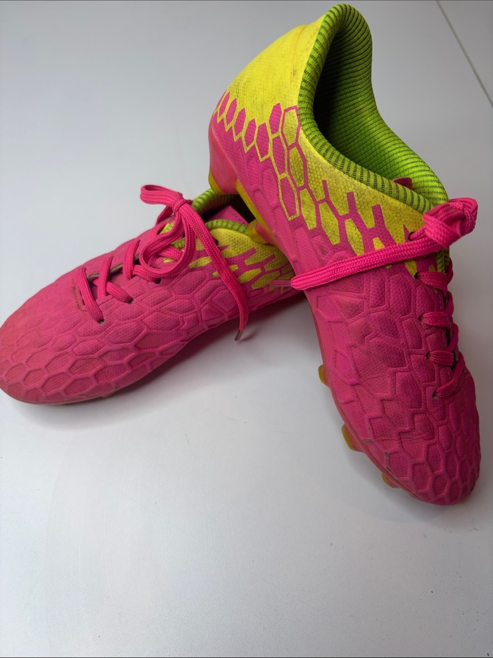 Bright Pink Athletic Cleats Shoes with Neon Yellow Back & Interior Kids size 2 - Picture 2 of 12
